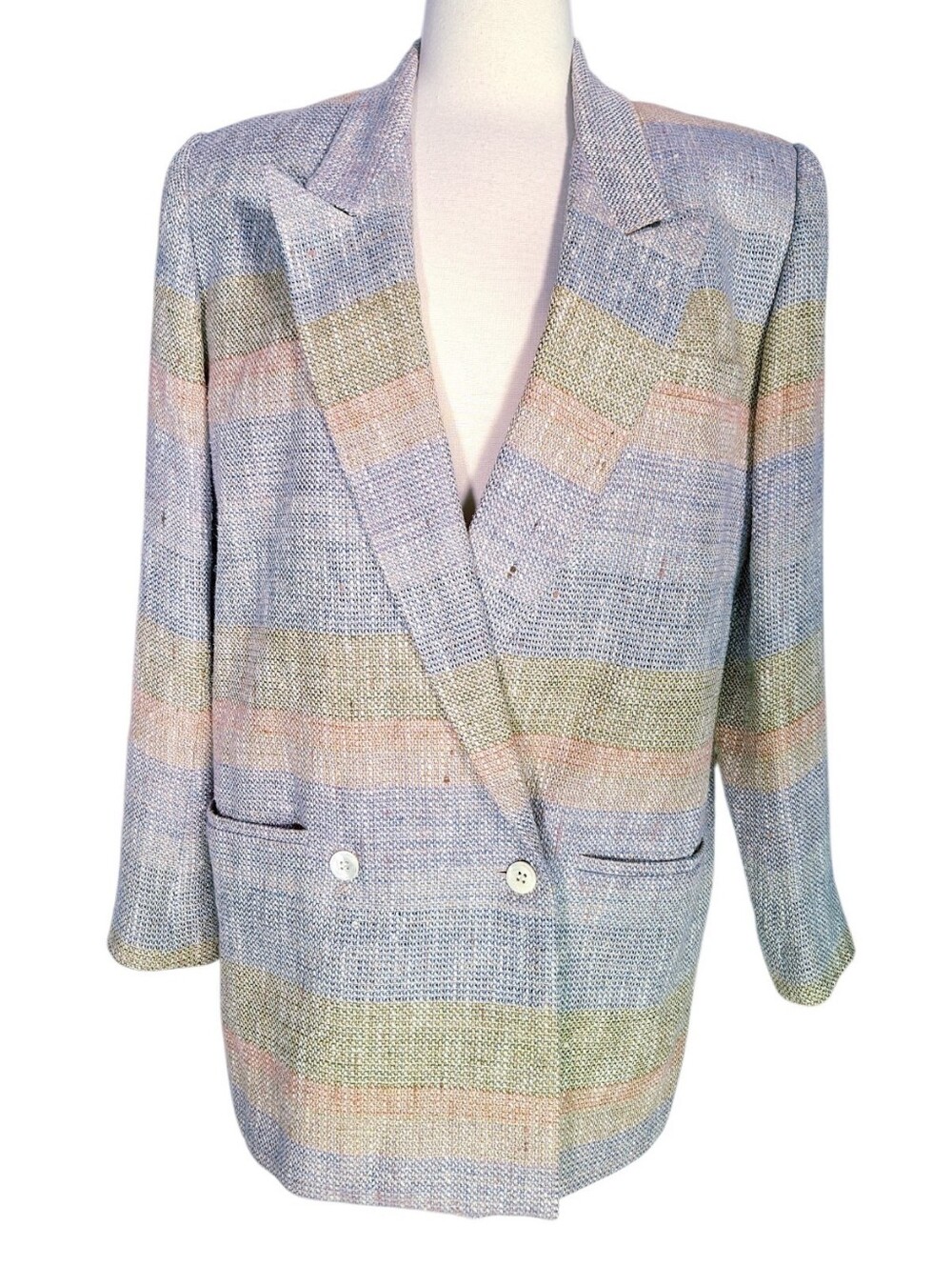 Vintage 80s 90s Power Blazer Sz 6 Small Linen Silk Striped Pastel Boxy Oversize